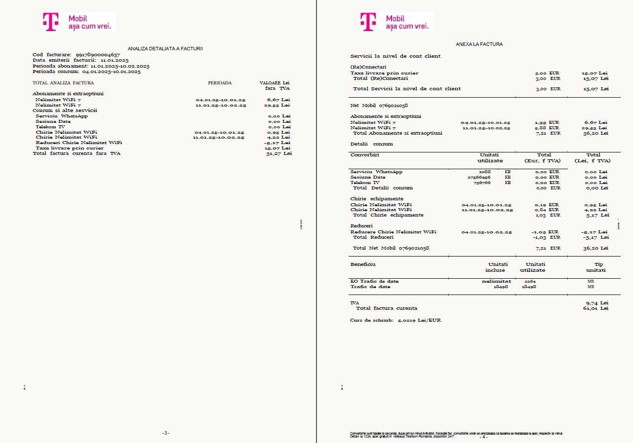 Romania T Mobile utility bill template in Word and PDF formats, 4 pages, 3 4 pages